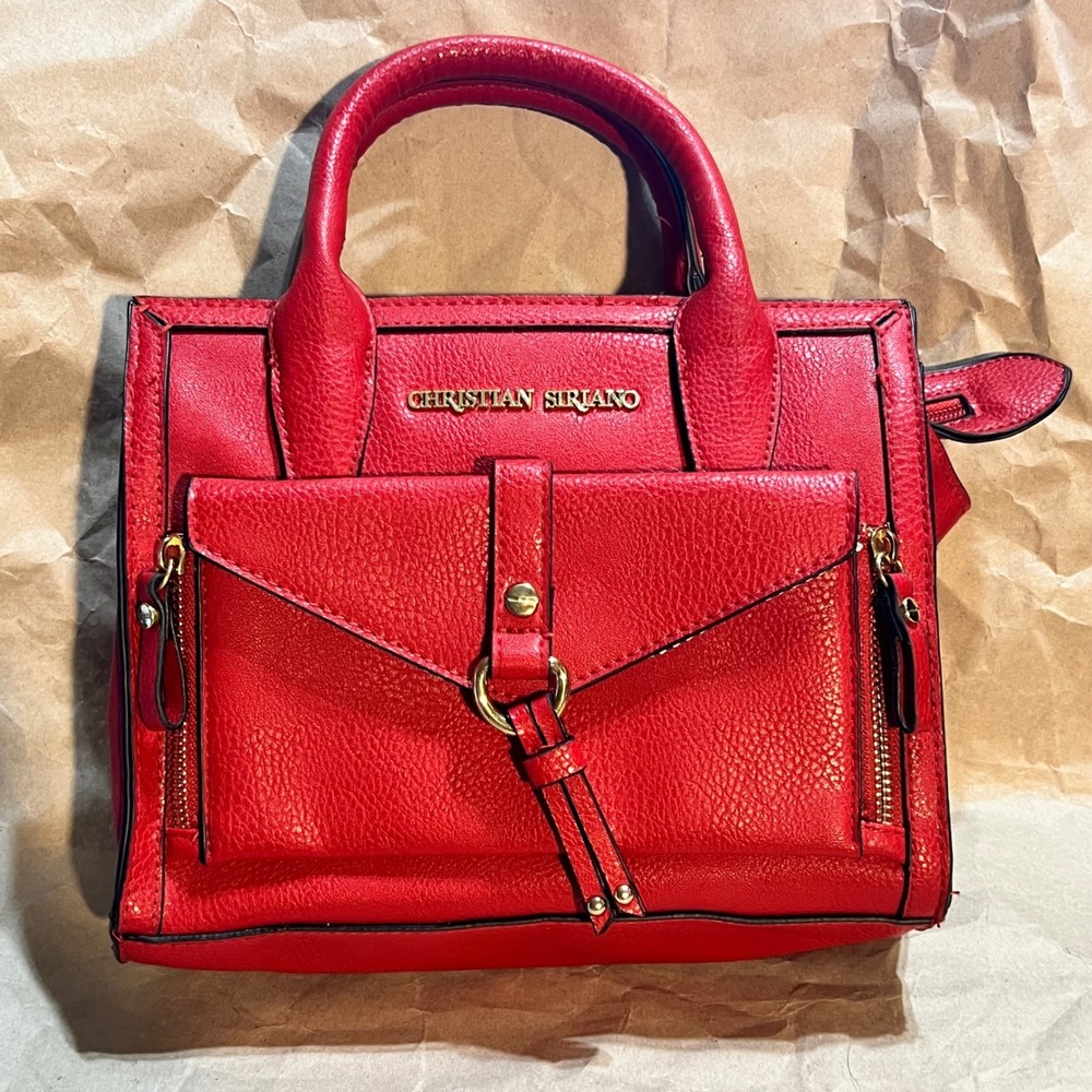 Christian Siriano Small Satchel Red Pebbled Faux Leather Gold Tone Hardware